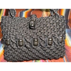 Boho Lined Black Macrame Handbag with Brown Wooden Beads